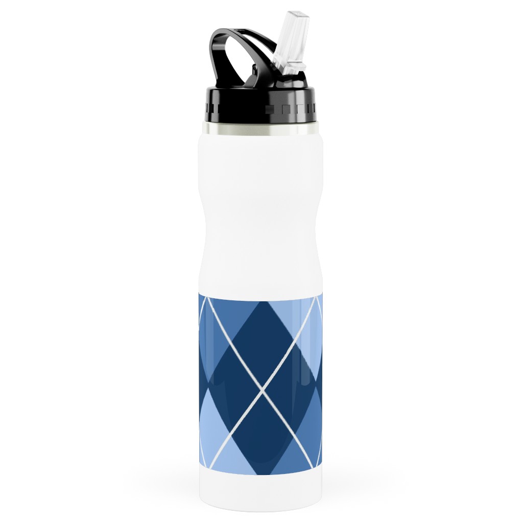 Classic Argyle Plaid in Blues Stainless Steel Water Bottle with Straw, 25oz, With Straw, Blue