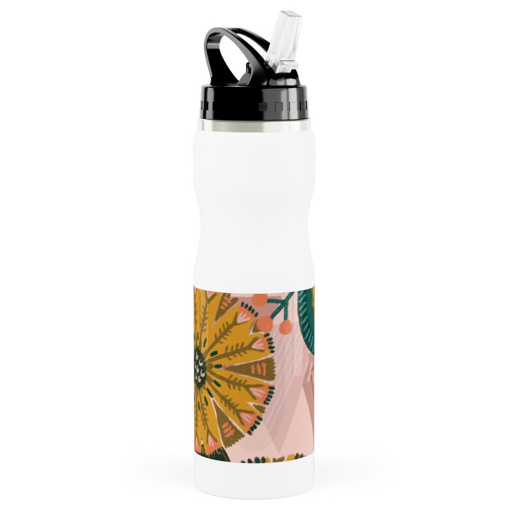 Boho Tropical - Floral - Pink Stainless Steel Water Bottle with Straw, 25oz, With Straw, Multicolor