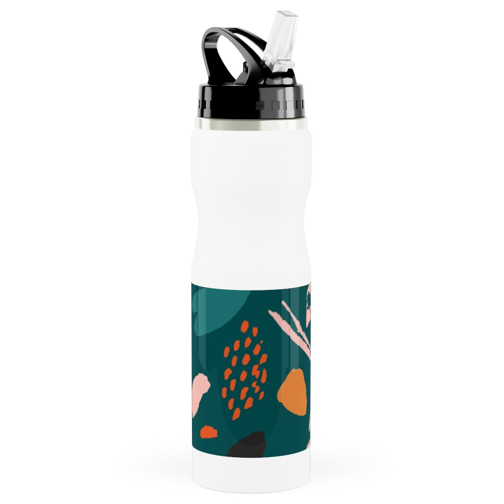 Splashes Pattern - Green Stainless Steel Water Bottle with Straw, 25oz, With Straw, Multicolor