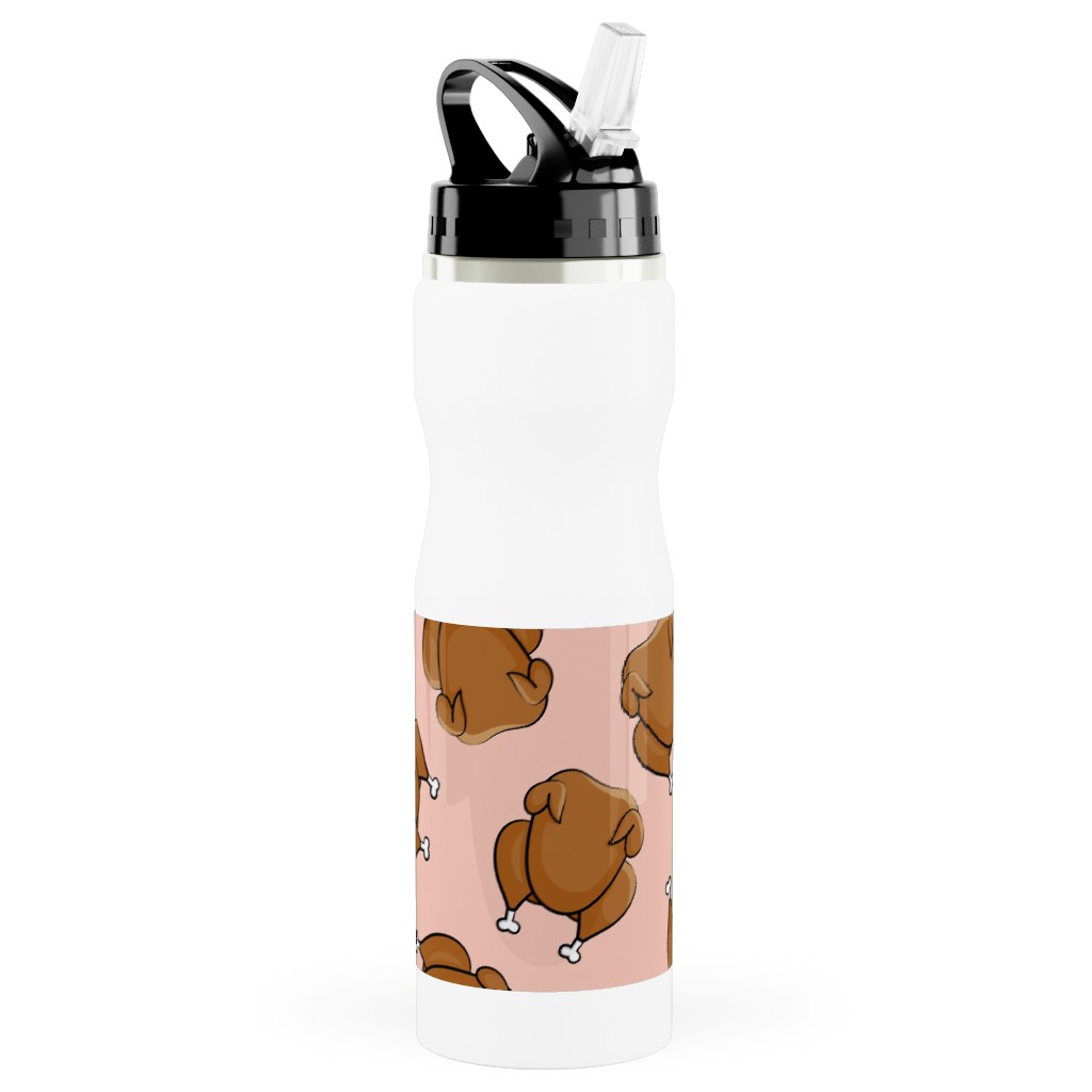 Thanksgiving Day Turkey Toss Stainless Steel Water Bottle with Straw, 25oz, With Straw, Pink, Beige