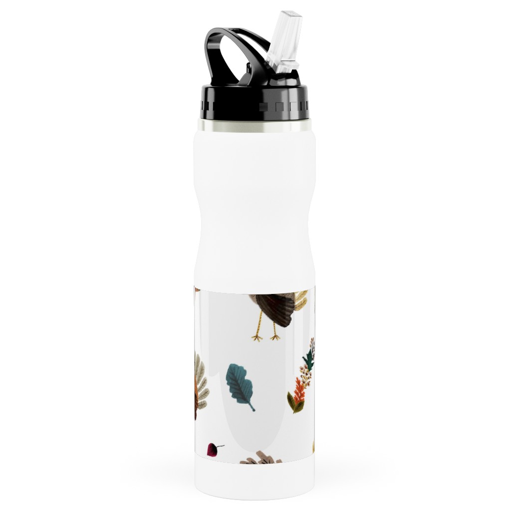 Fall Thanksgiving Turkeys on White Stainless Steel Water Bottle with Straw, 25oz, With Straw, White