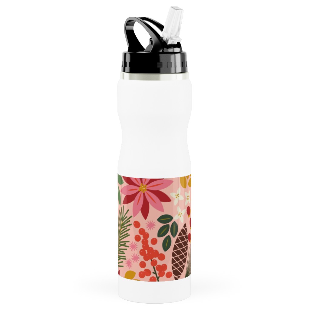 Pinecones and Berries - Pink Stainless Steel Water Bottle with Straw, 25oz, With Straw, Pink, Bright Pink