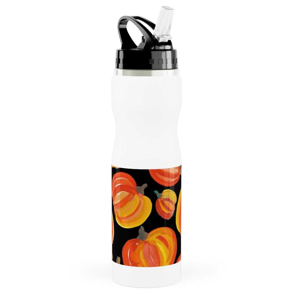 Watercolor Pumpkins - Black Stainless Steel Water Bottle with Straw, 25oz, With Straw, Orange