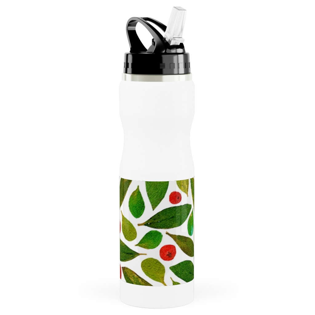 Holiday Greens and Berries Stainless Steel Water Bottle with Straw, 25oz, With Straw, Green, Classic Green