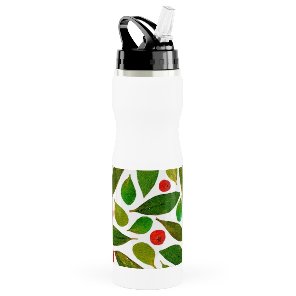 Holiday Greens and Berries Stainless Steel Water Bottle with Straw, 25oz, With Straw, Green