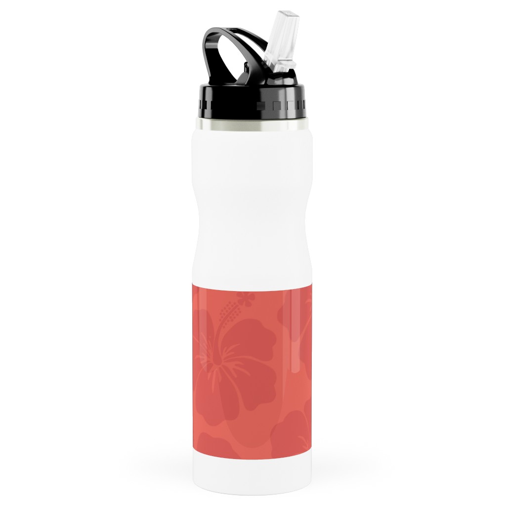 Hibiscus Florals - Coral and Red Stainless Steel Water Bottle with Straw, 25oz, With Straw, Pink