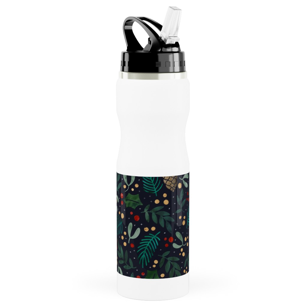 Christmas Florals - Dark Green Stainless Steel Water Bottle with Straw, 25oz, With Straw, Green