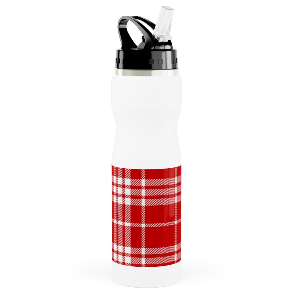Tartan Check Stainless Steel Water Bottle with Straw, 25oz, With Straw, Red, Red