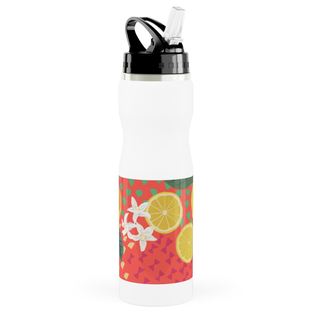 Lemon Flower and Pop - Pink Stainless Steel Water Bottle with Straw, 25oz, With Straw, Pink