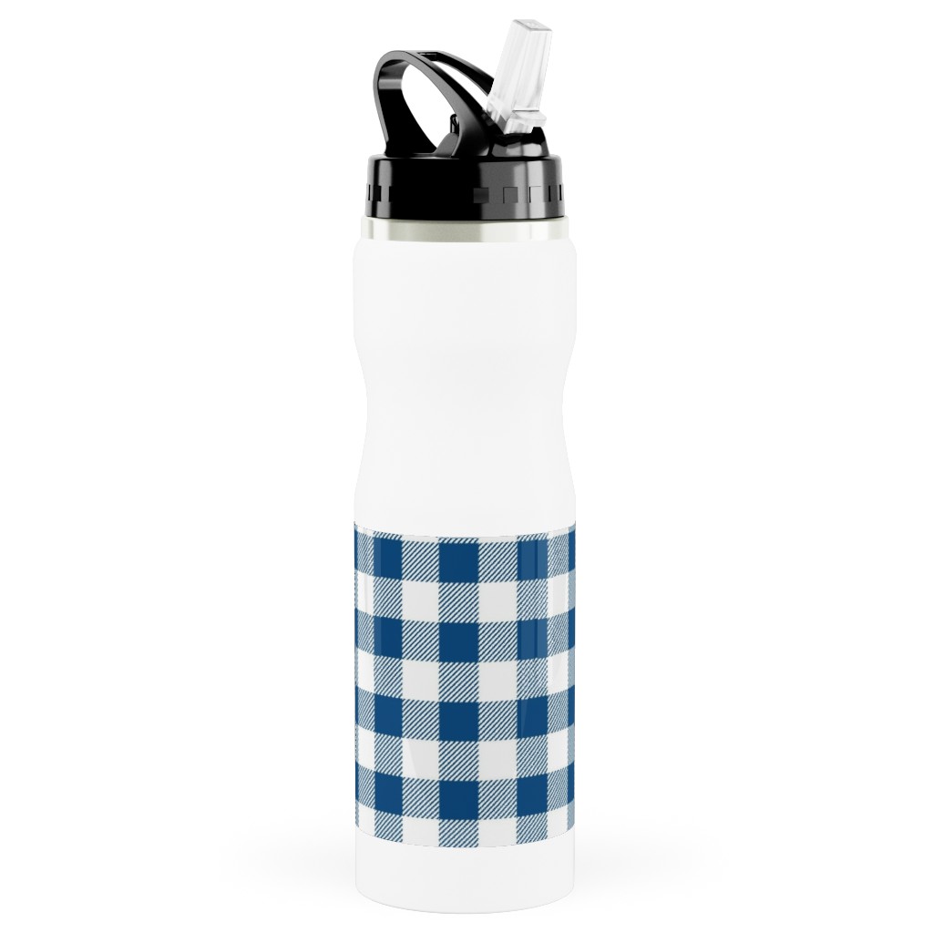 Classic Gingham - Blue Stainless Steel Water Bottle with Straw, 25oz, With Straw, Blue