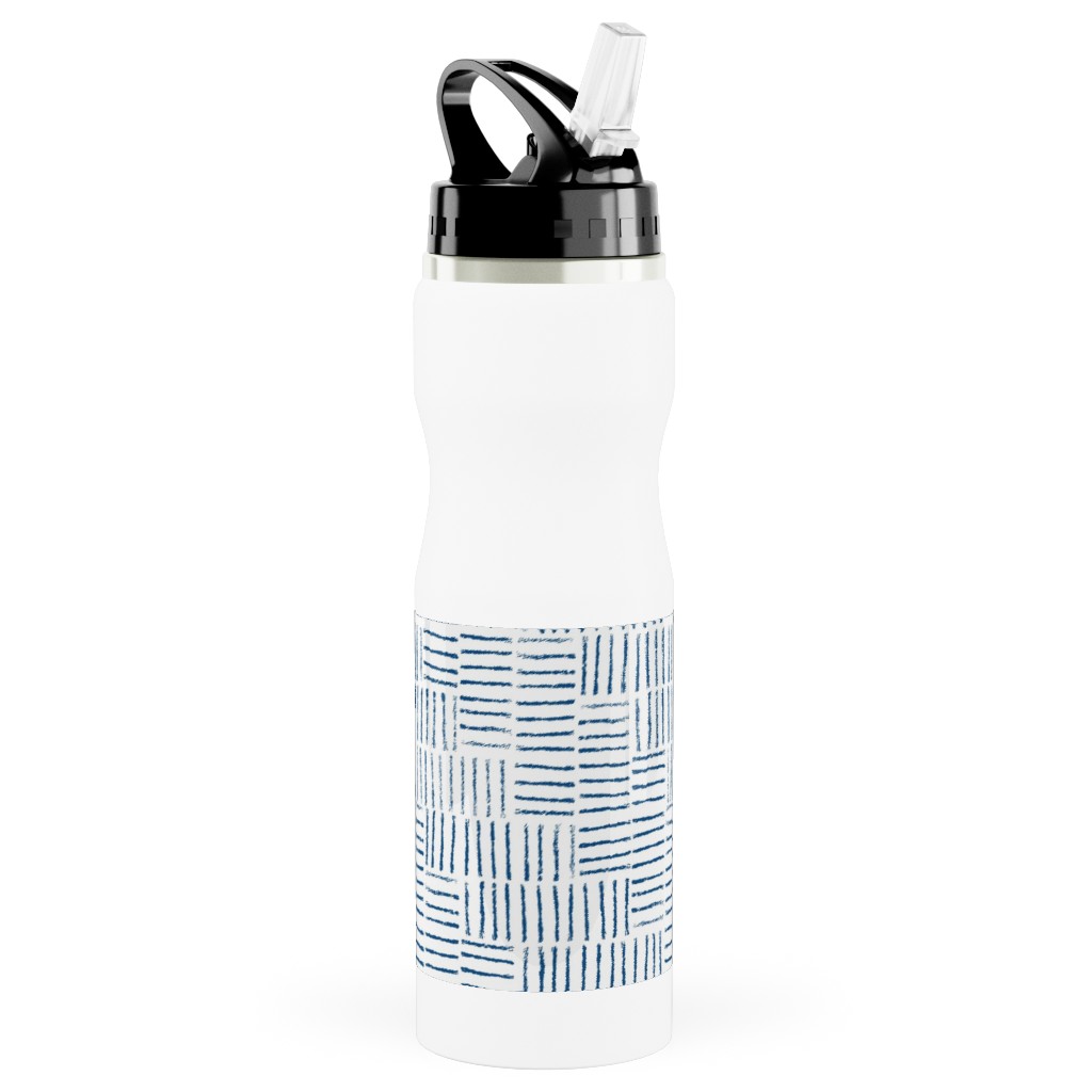 Herringbone String - White & Classic Blue Stainless Steel Water Bottle with Straw, 25oz, With Straw, Blue