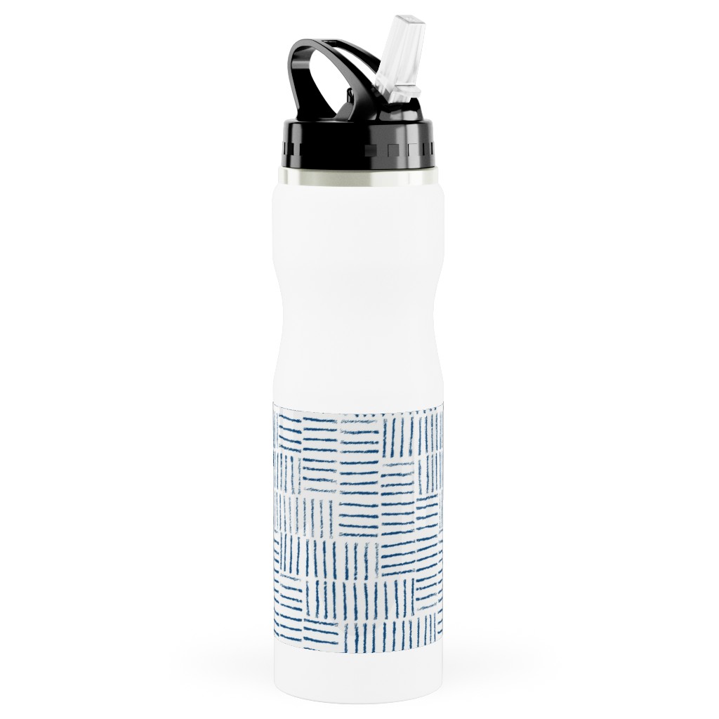 Herringbone String - White & Classic Blue Stainless Steel Water Bottle with Straw, 25oz, With Straw, Blue, True Blue