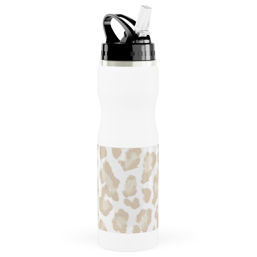 Natural Leopard - Beige Stainless Steel Water Bottle with Straw, 25oz, With Straw, Beige, Pearl