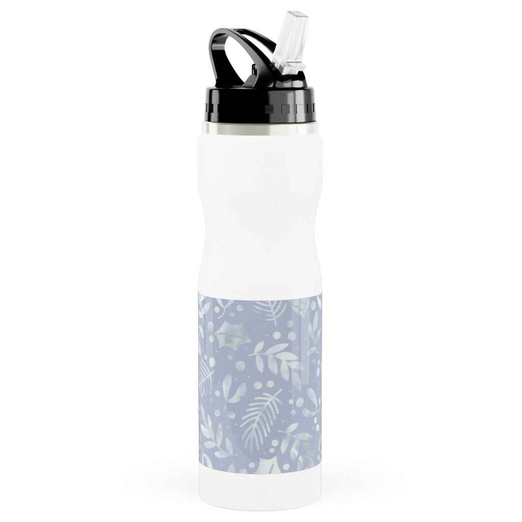 Frozen Winter Florals - Silver Stainless Steel Water Bottle with Straw, 25oz, With Straw, Blue, True Blue