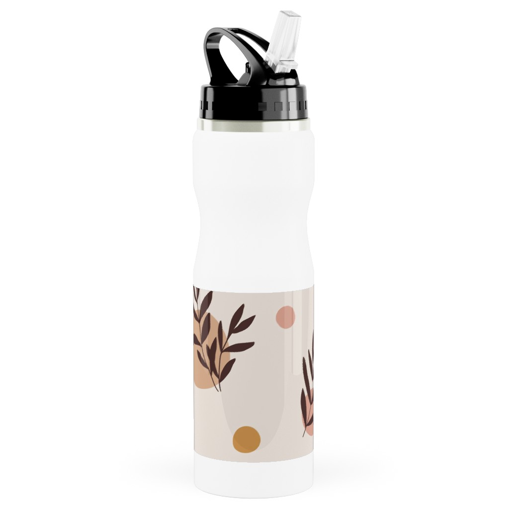 Abstraction and Tropical Leaves - Light Stainless Steel Water Bottle with Straw, 25oz, With Straw, Beige