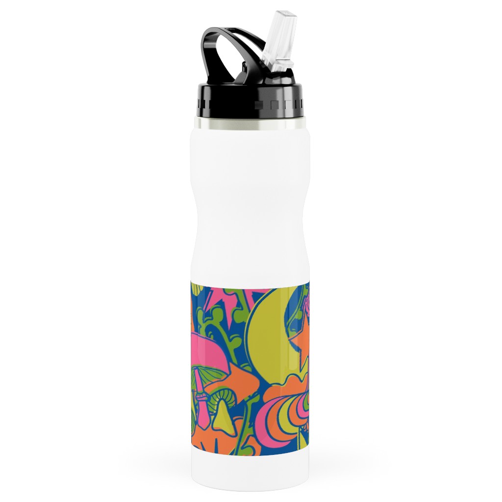 Psychedelic Daydream - Blue and Neon Stainless Steel Water Bottle with Straw, 25oz, With Straw, Multicolor