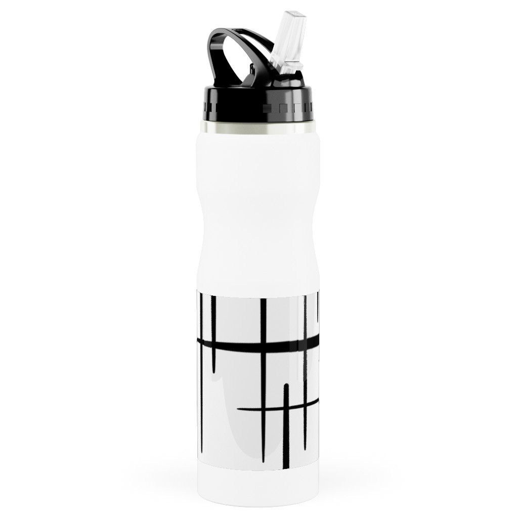 Abstract Line Pattern Stainless Steel Water Bottle with Straw, 25oz, With Straw, White