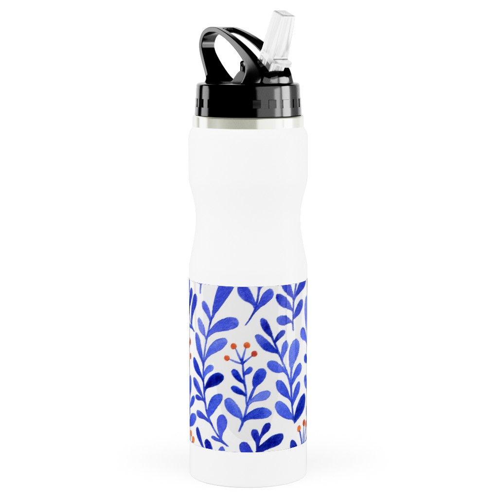 Leaves - Blue Stainless Steel Water Bottle with Straw, 25oz, With Straw, Blue