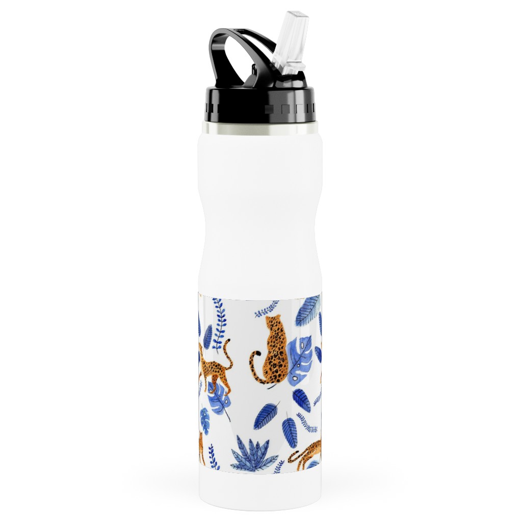 Leopard Tropical Exotic - Blue Stainless Steel Water Bottle with Straw, 25oz, With Straw, Multicolor