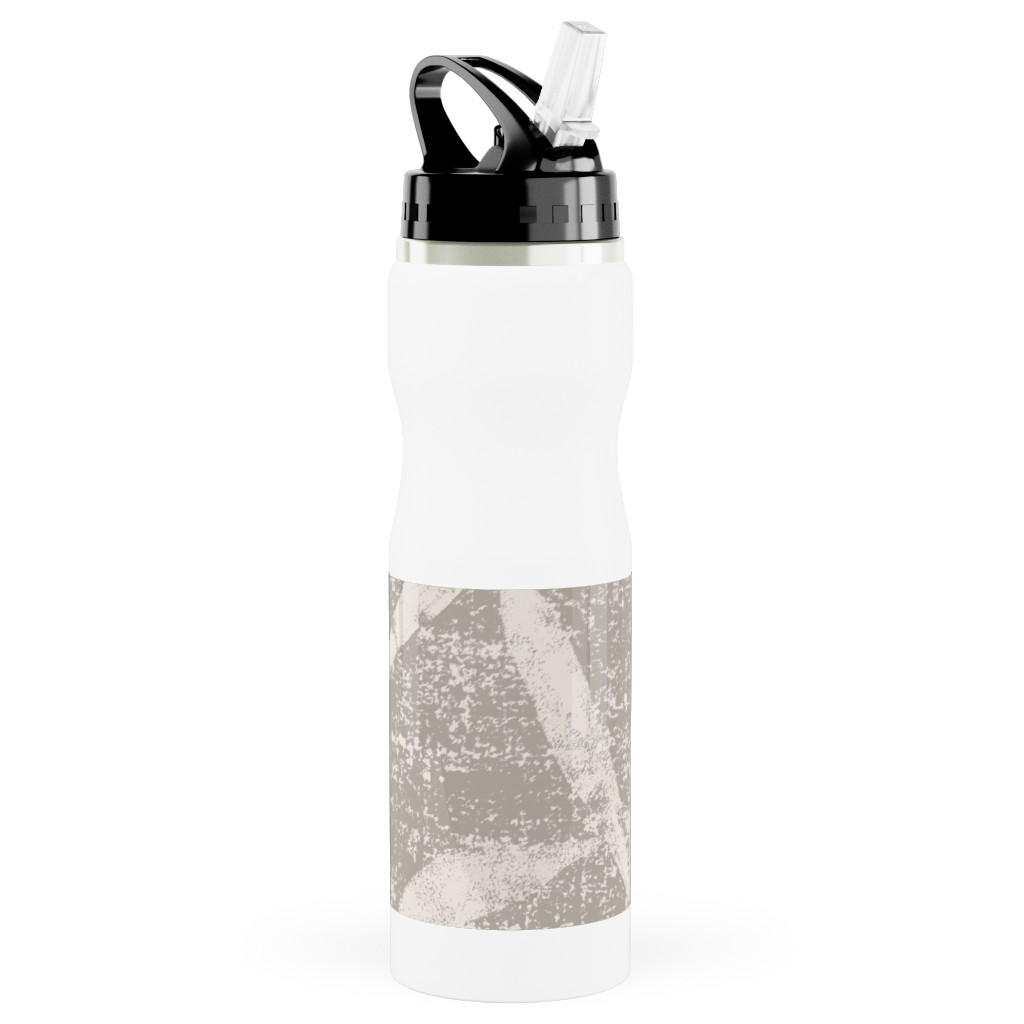 Grass Cloth With Leaves - Gray and Cream Stainless Steel Water Bottle with Straw, 25oz, With Straw, Beige, Pearl