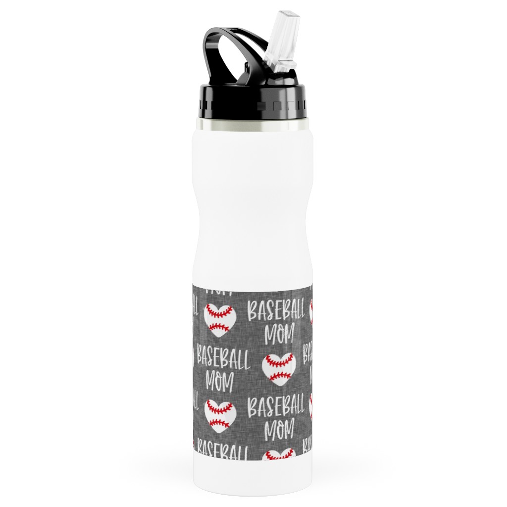 Baseball Mom - Baseball Heart - White on Grey Stainless Steel Water Bottle with Straw, 25oz, With Straw, Gray