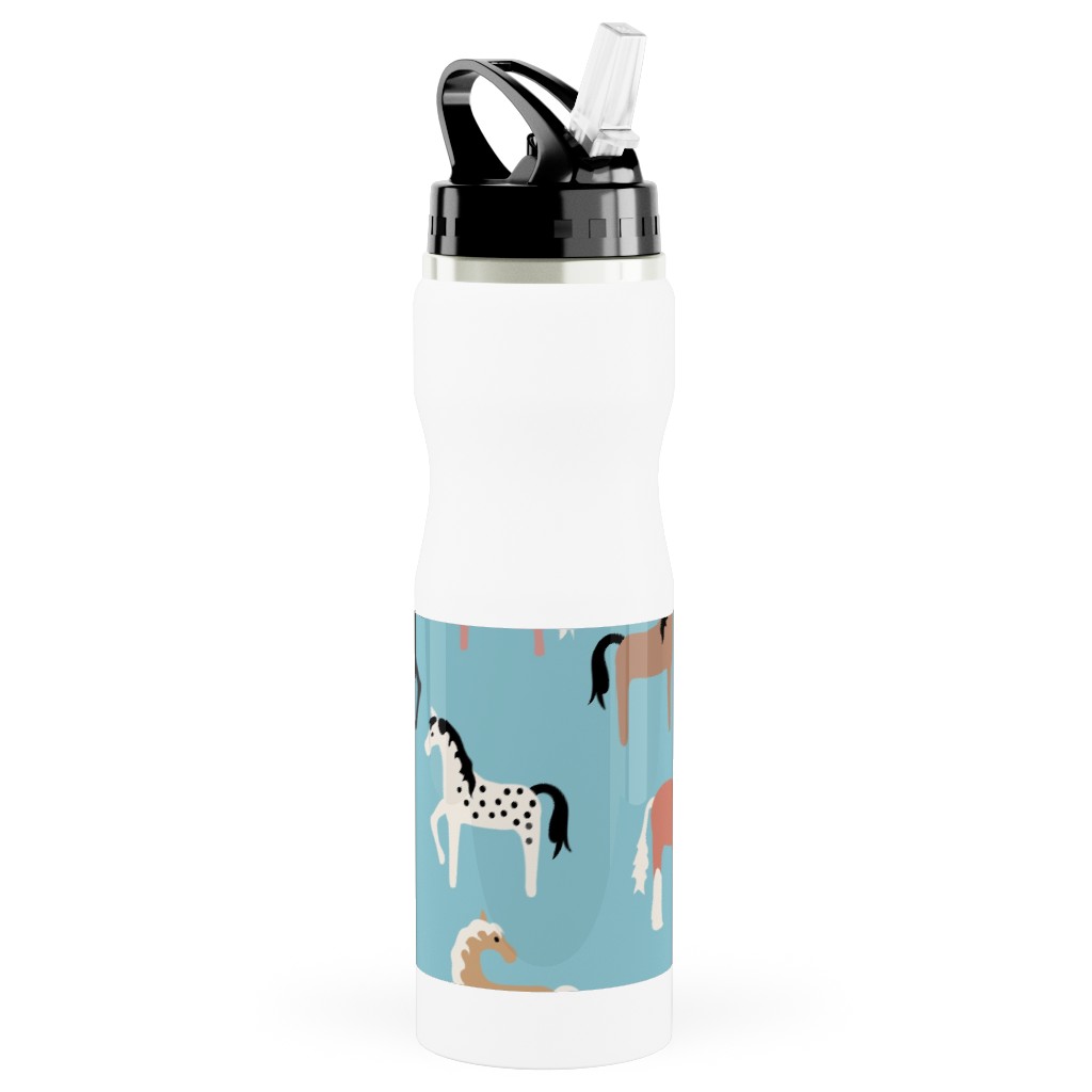 Horse Party Stainless Steel Water Bottle with Straw, 25oz, With Straw, Blue, True Blue