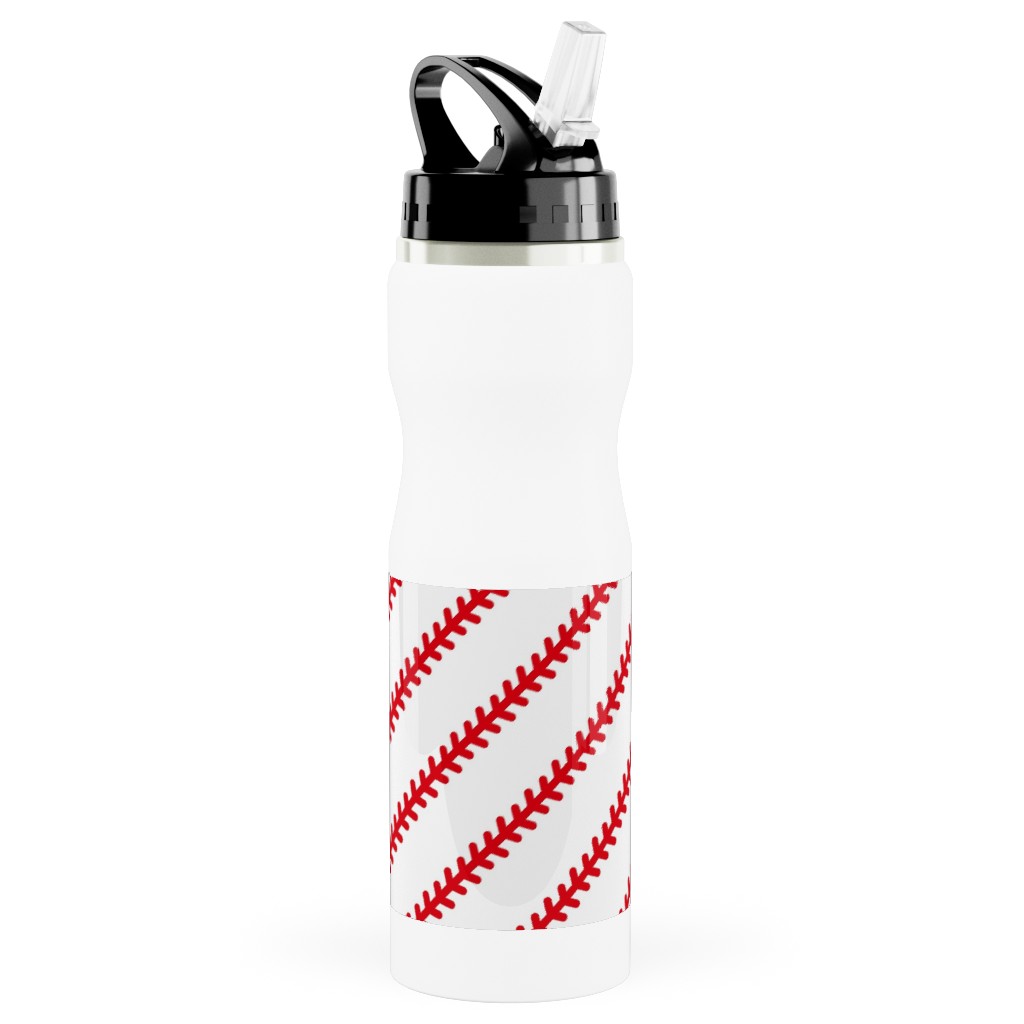 Baseball Stitch - Baseball - White Stainless Steel Water Bottle with Straw, 25oz, With Straw, Red