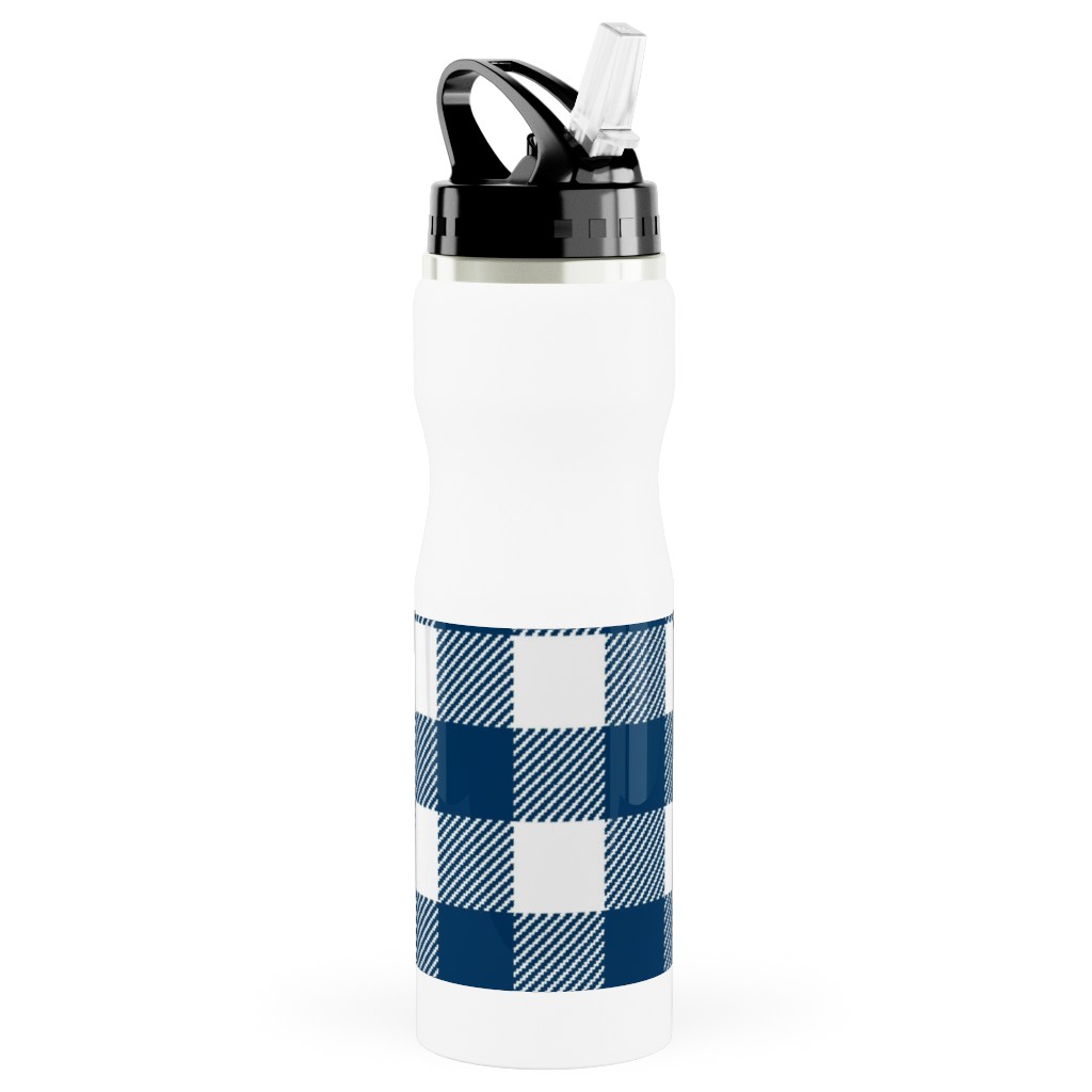 Buffalo Plaid Stainless Steel Water Bottle with Straw, 25oz, With Straw, Blue