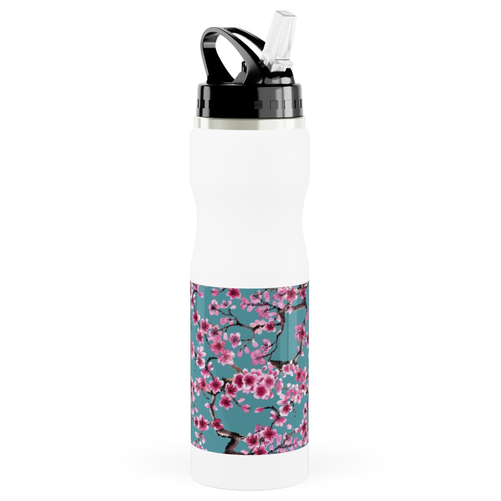 Sakura - Turquoise Stainless Steel Water Bottle with Straw, 25oz, With Straw, Blue