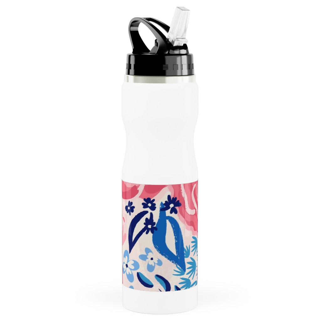 Chintz Roses - Coral and Blue Stainless Steel Water Bottle with Straw, 25oz, With Straw, Pink