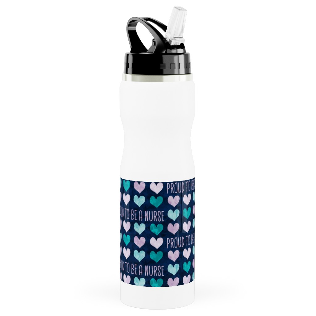 Proud To Be a Nurse - Purple/Teal on Navy Stainless Steel Water Bottle with Straw, 25oz, With Straw, Blue