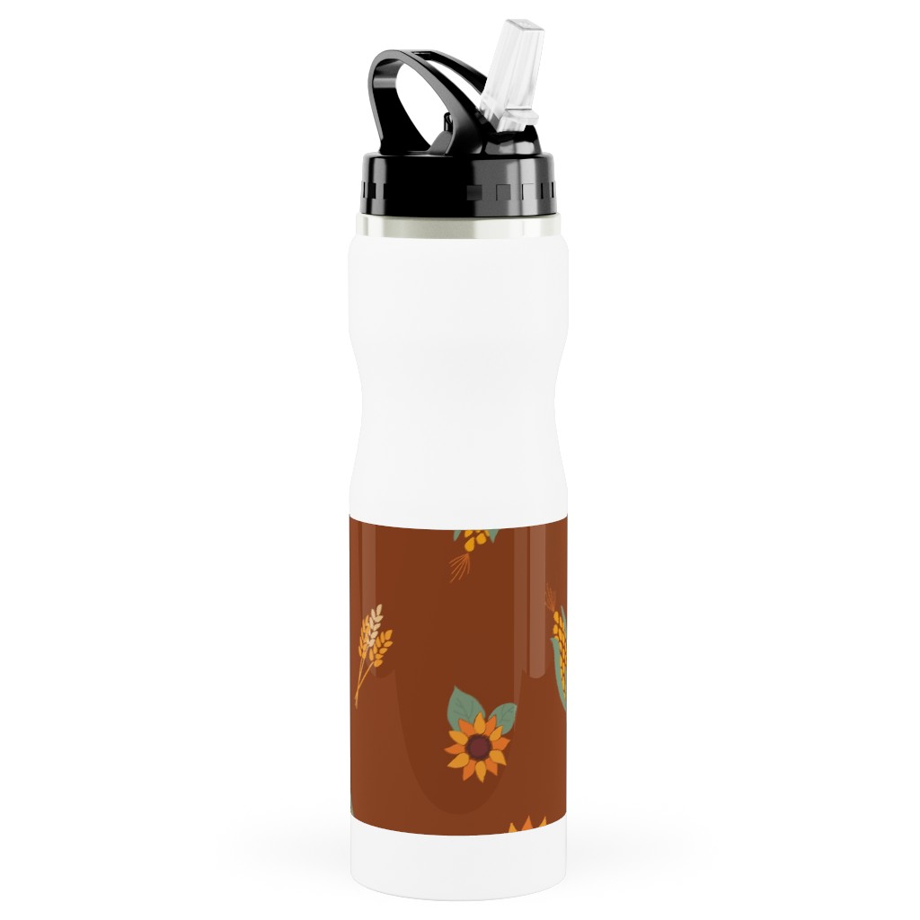 Corn & Sunflowers Stainless Steel Water Bottle with Straw, 25oz, With Straw, Brown