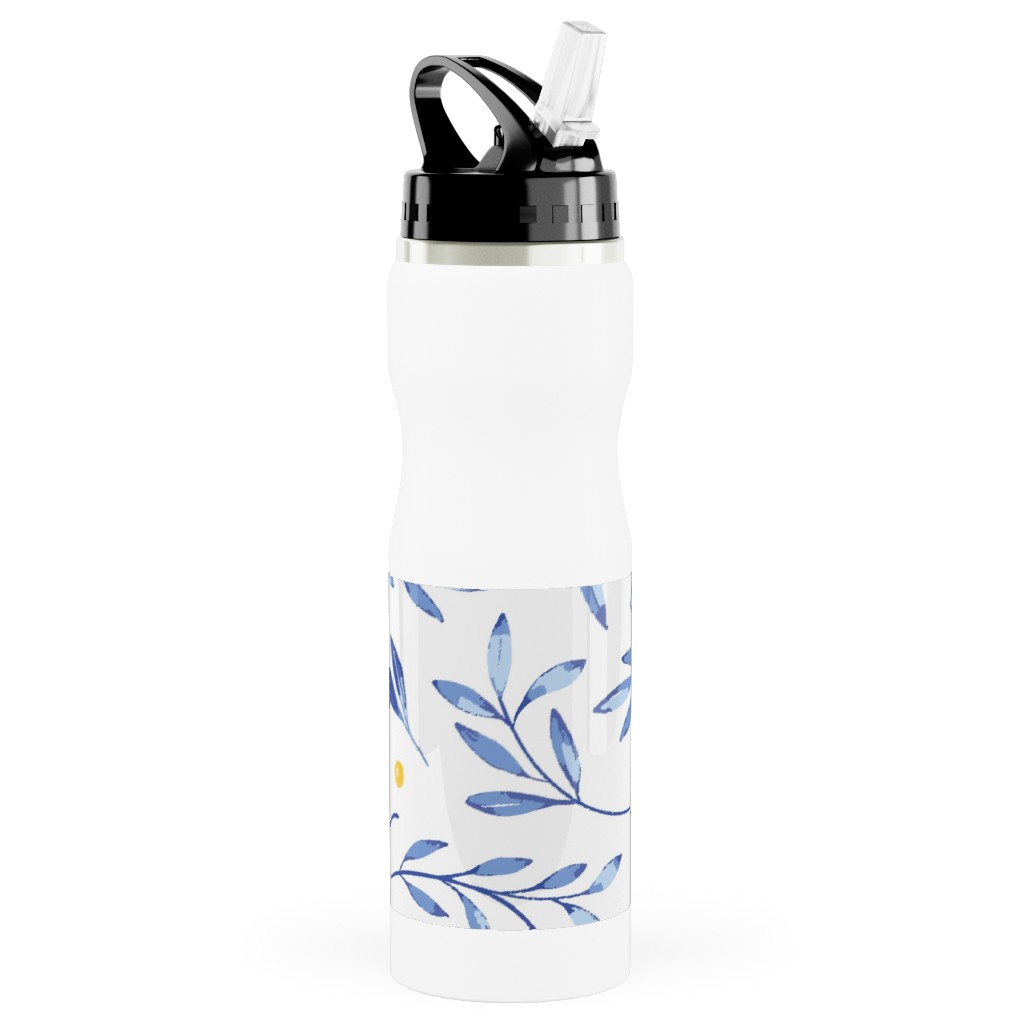 Blue Leaves With Berries Stainless Steel Water Bottle with Straw, 25oz, With Straw, Blue