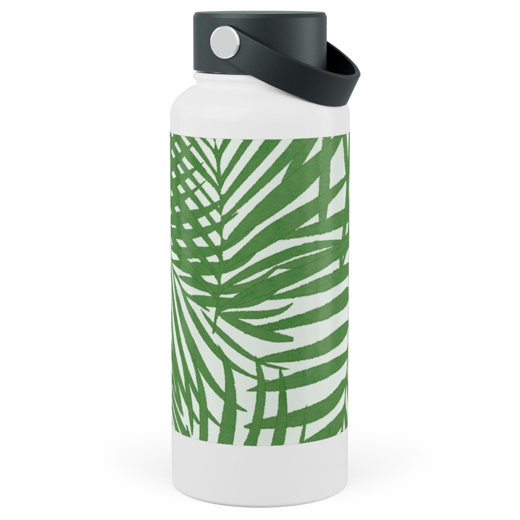 Watercolor Fronds - Green Stainless Steel Wide Mouth Water Bottle, 30oz, Wide Mouth, Green