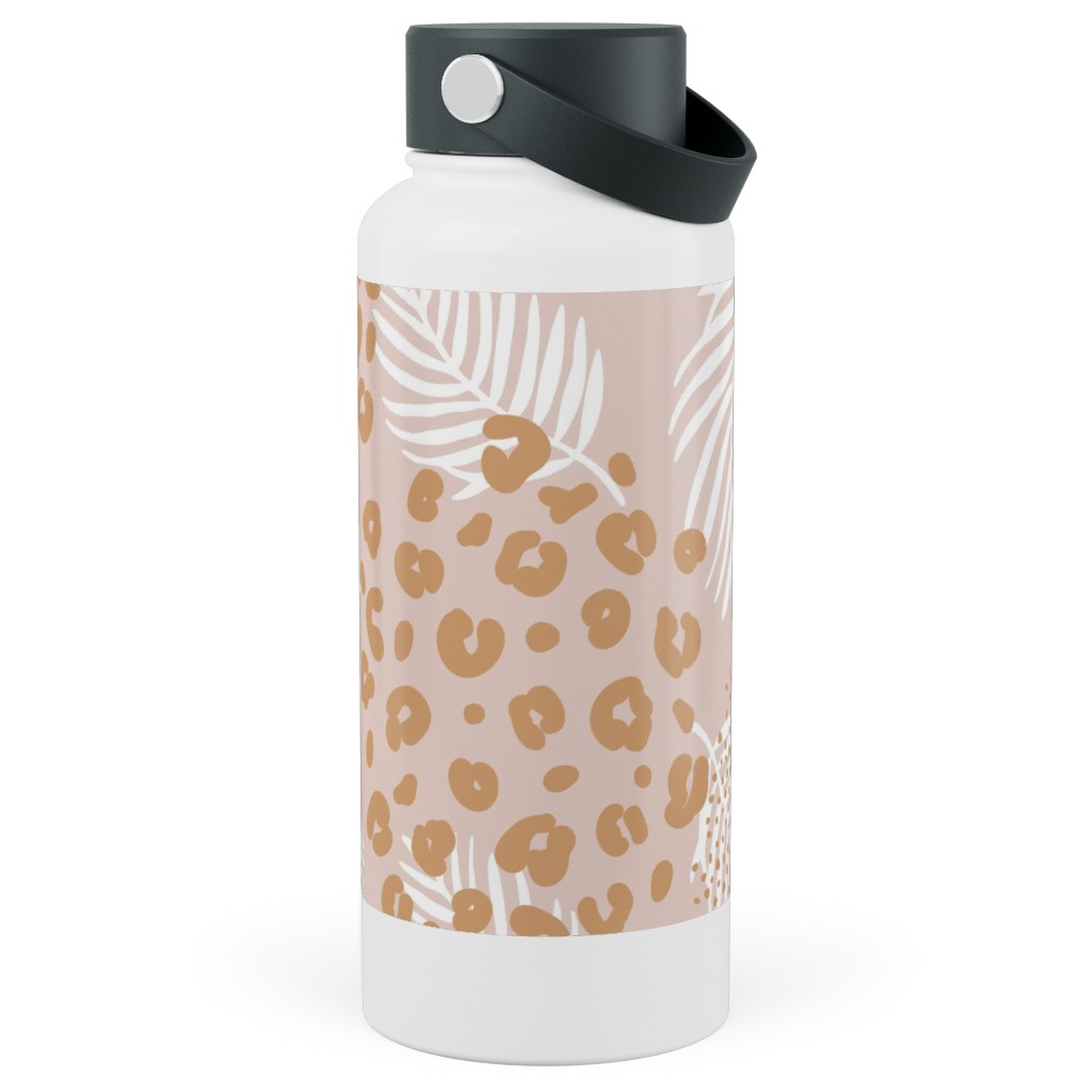 Palm Leaves and Animal Panther Spots - Beige Stainless Steel Wide Mouth Water Bottle, 30oz, Wide Mouth, Pink, Bright Pink