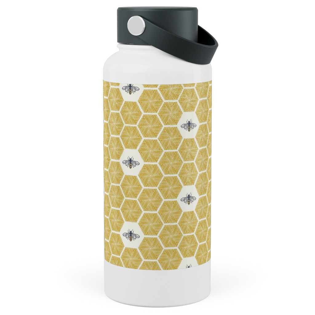 Bees Stitched Honeycomb - Gold Stainless Steel Wide Mouth Water Bottle, 30oz, Wide Mouth, Yellow