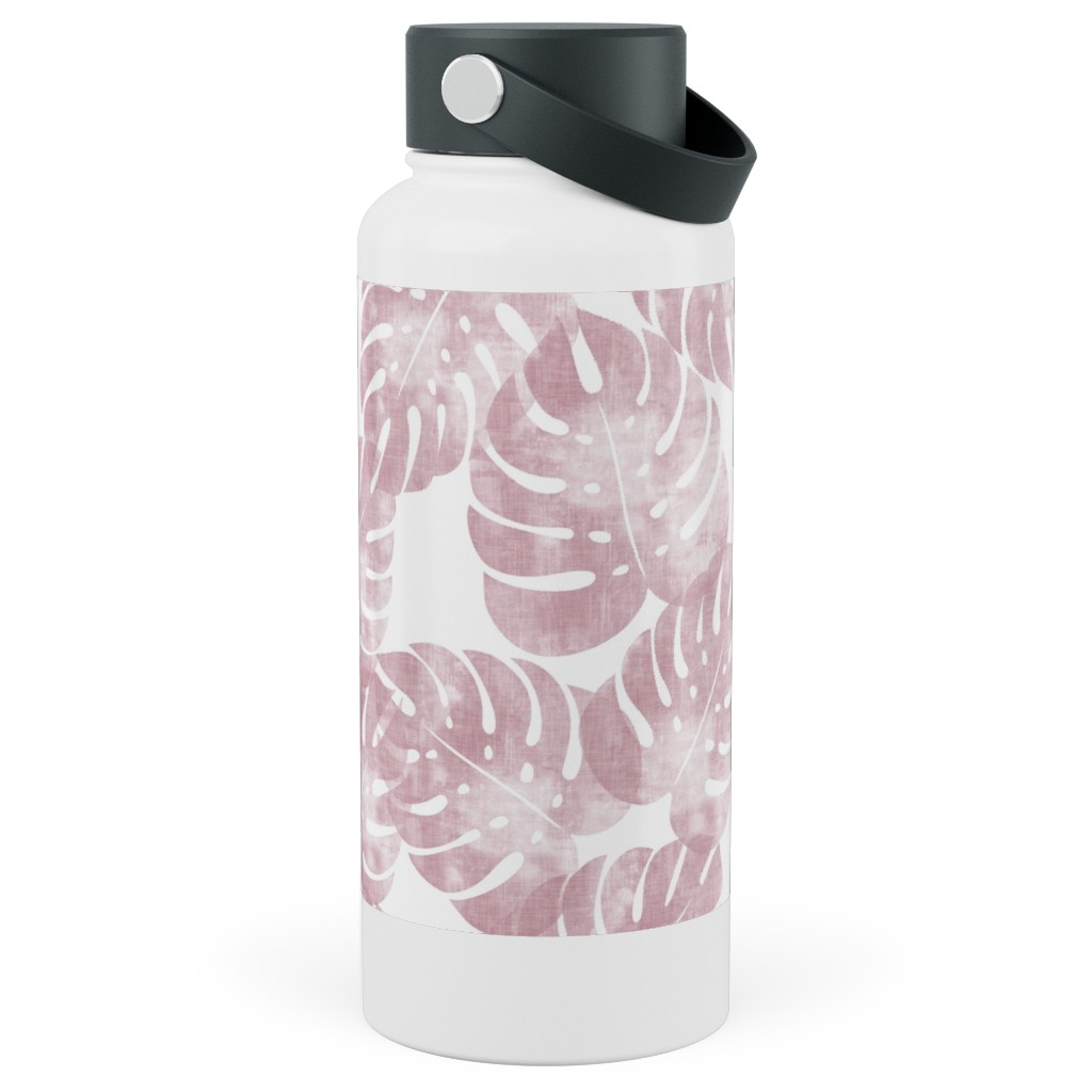 Monstera Leaves - Mauve Stainless Steel Wide Mouth Water Bottle, 30oz, Wide Mouth, Pink, Bright Pink