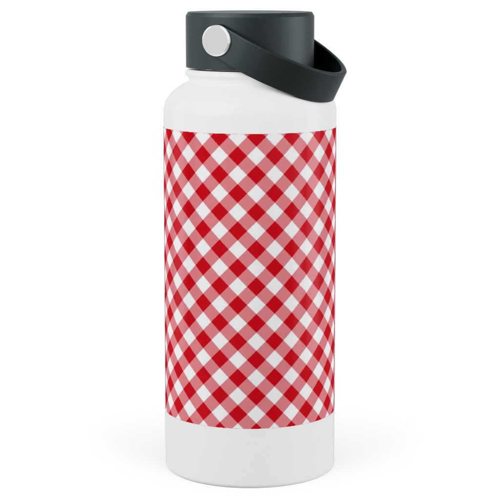 Diagonal Gingham - Red and White Stainless Steel Wide Mouth Water Bottle, 30oz, Wide Mouth, Red, Red
