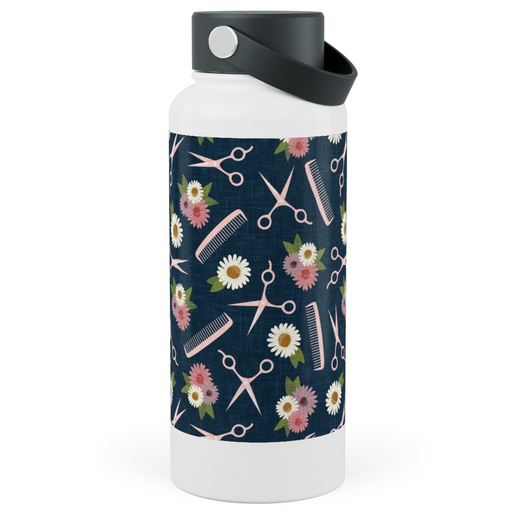 Floral Shears and Combs - Pink & Blue Stainless Steel Wide Mouth Water Bottle, 30oz, Wide Mouth, Pink, Bright Pink