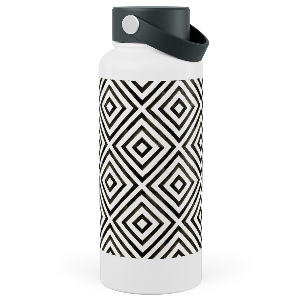 Diamond Pattern - Black and White Stainless Steel Wide Mouth Water Bottle, 30oz, Wide Mouth, Black