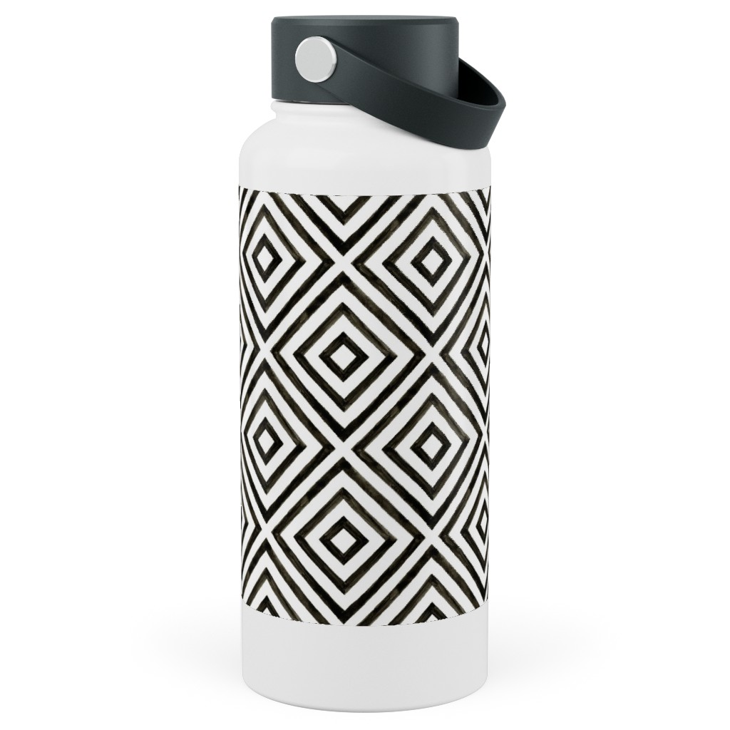 Diamond Pattern - Black and White Stainless Steel Wide Mouth Water Bottle, 30oz, Wide Mouth, Black, Black