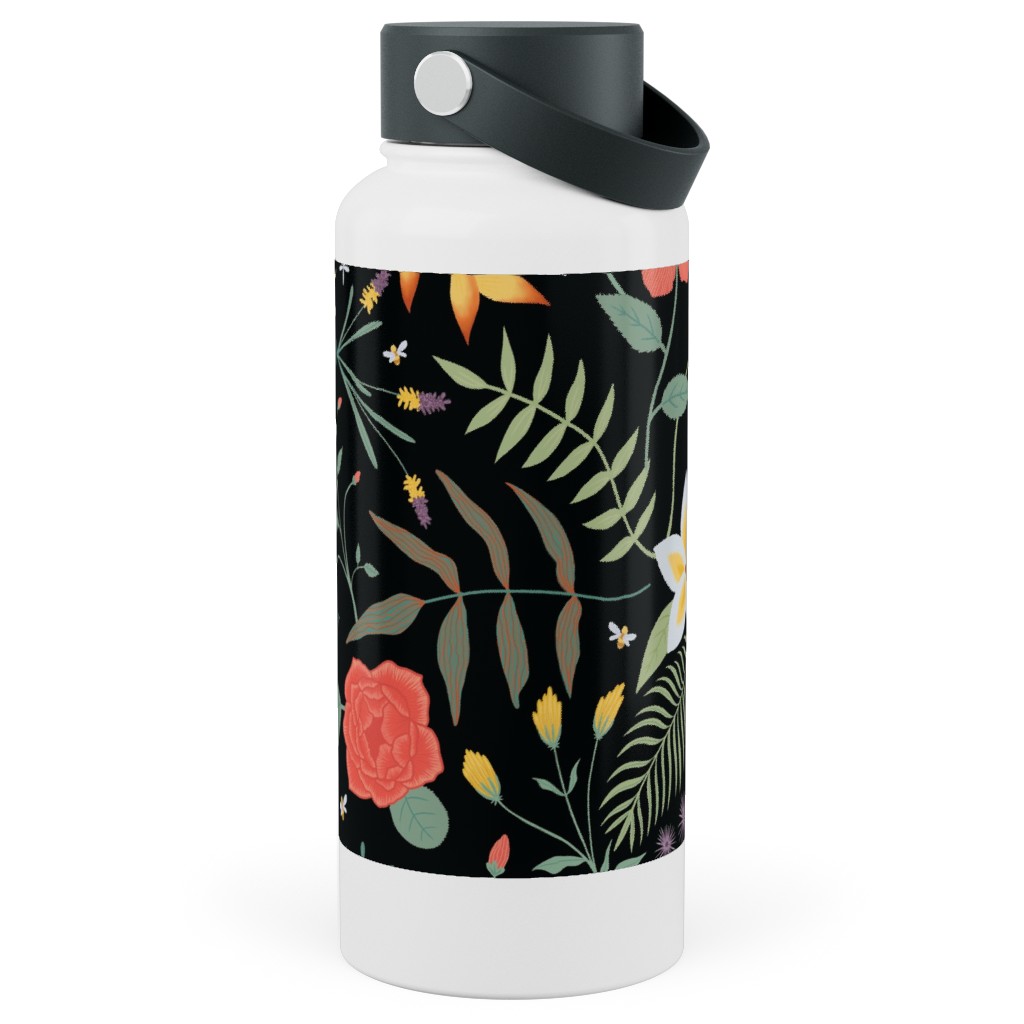 Hawaii Floral - Black Stainless Steel Wide Mouth Water Bottle, 30oz, Wide Mouth, Multicolor