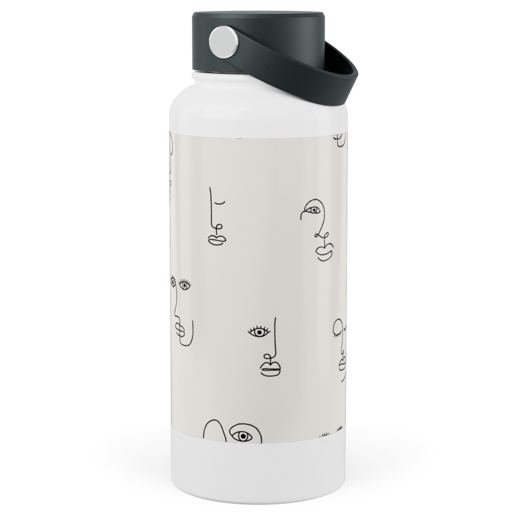 Minimalist Feminist Faces - Line Drawing Stainless Steel Wide Mouth Water Bottle, 30oz, Wide Mouth, Beige
