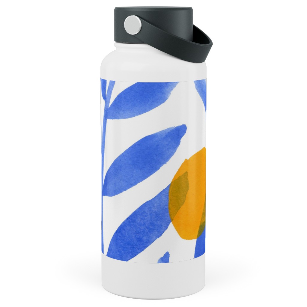 Modern Lemons Block - Blue and Orange Stainless Steel Wide Mouth Water Bottle, 30oz, Wide Mouth, Blue
