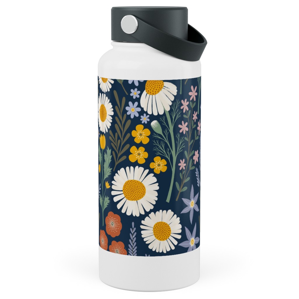 British Spring Meadow - Navy Stainless Steel Wide Mouth Water Bottle, 30oz, Wide Mouth, Multicolor