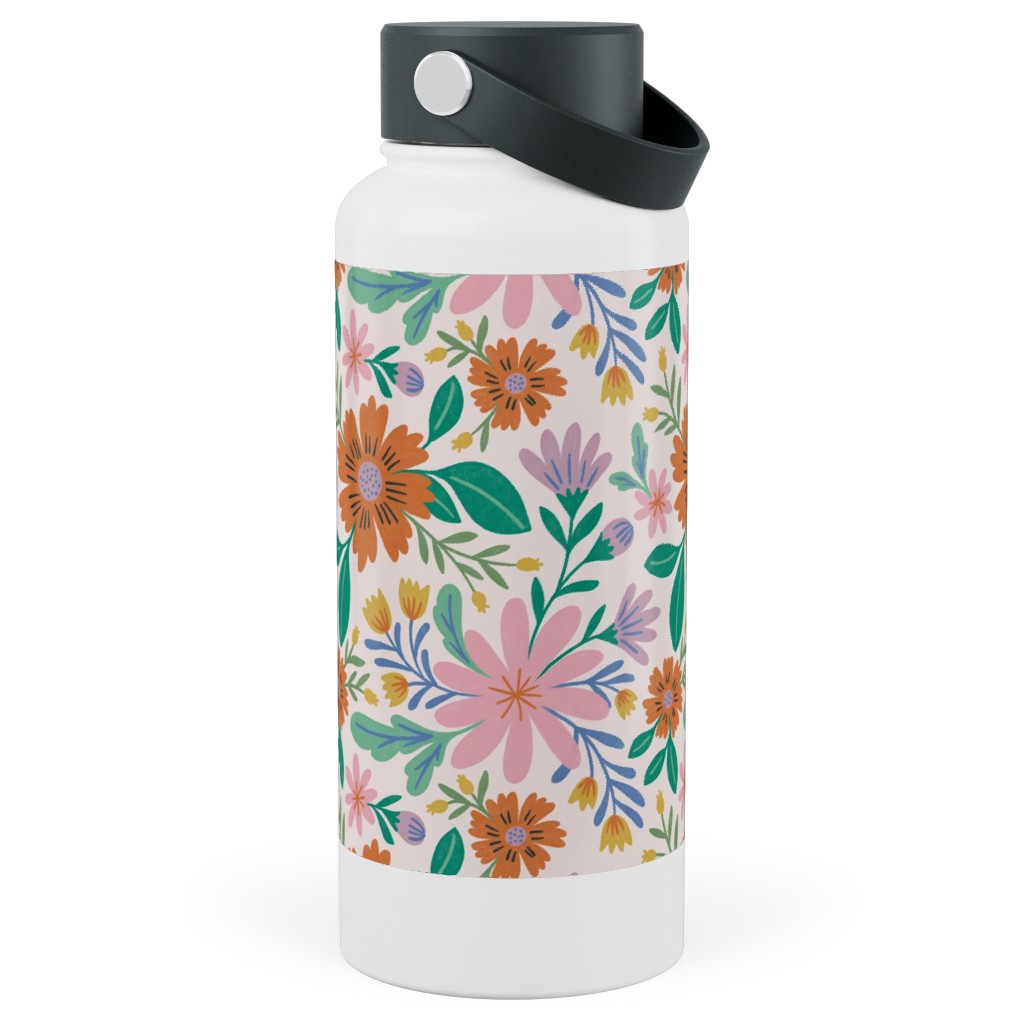 Happy Flowers - Pink Multi Stainless Steel Wide Mouth Water Bottle, 30oz, Wide Mouth, Pink, Bright Pink