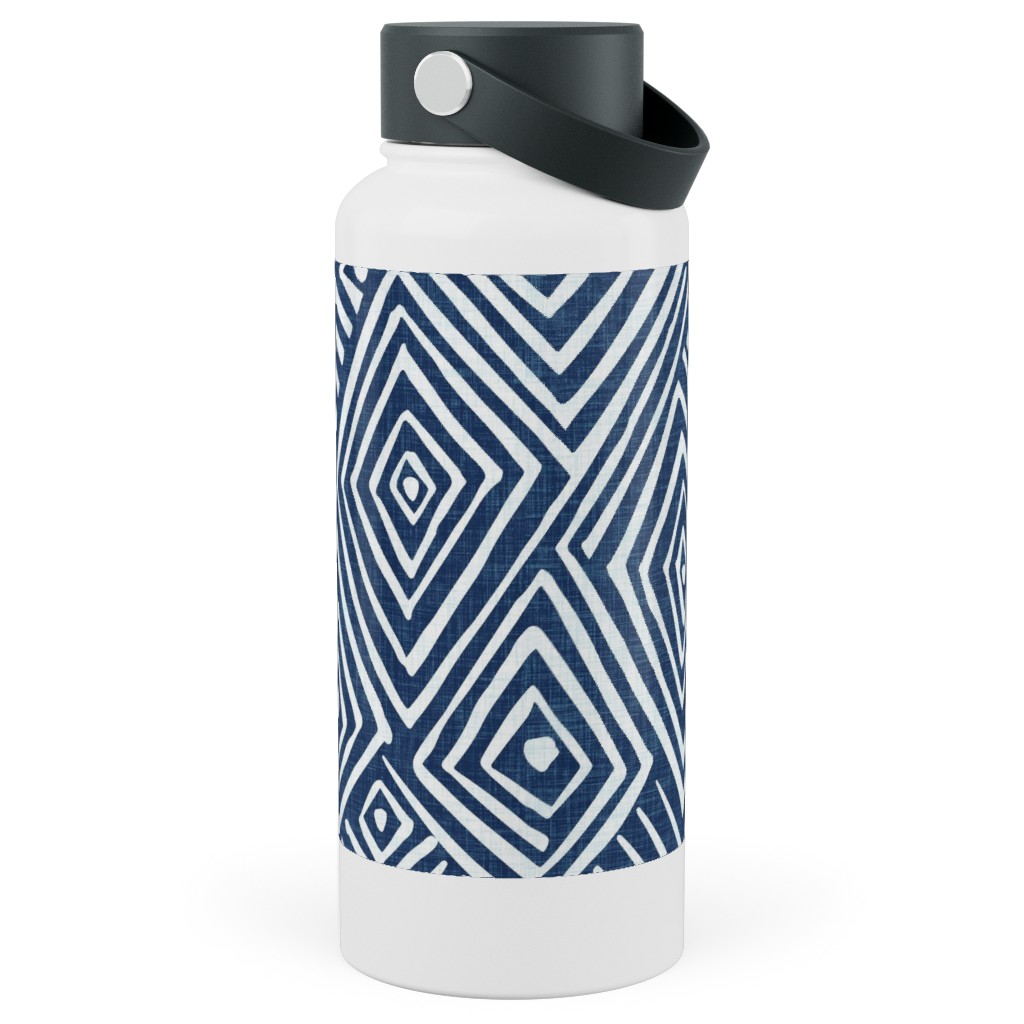 Diamond Mud Cloth -Blue Stainless Steel Wide Mouth Water Bottle, 30oz, Wide Mouth, Blue, True Blue