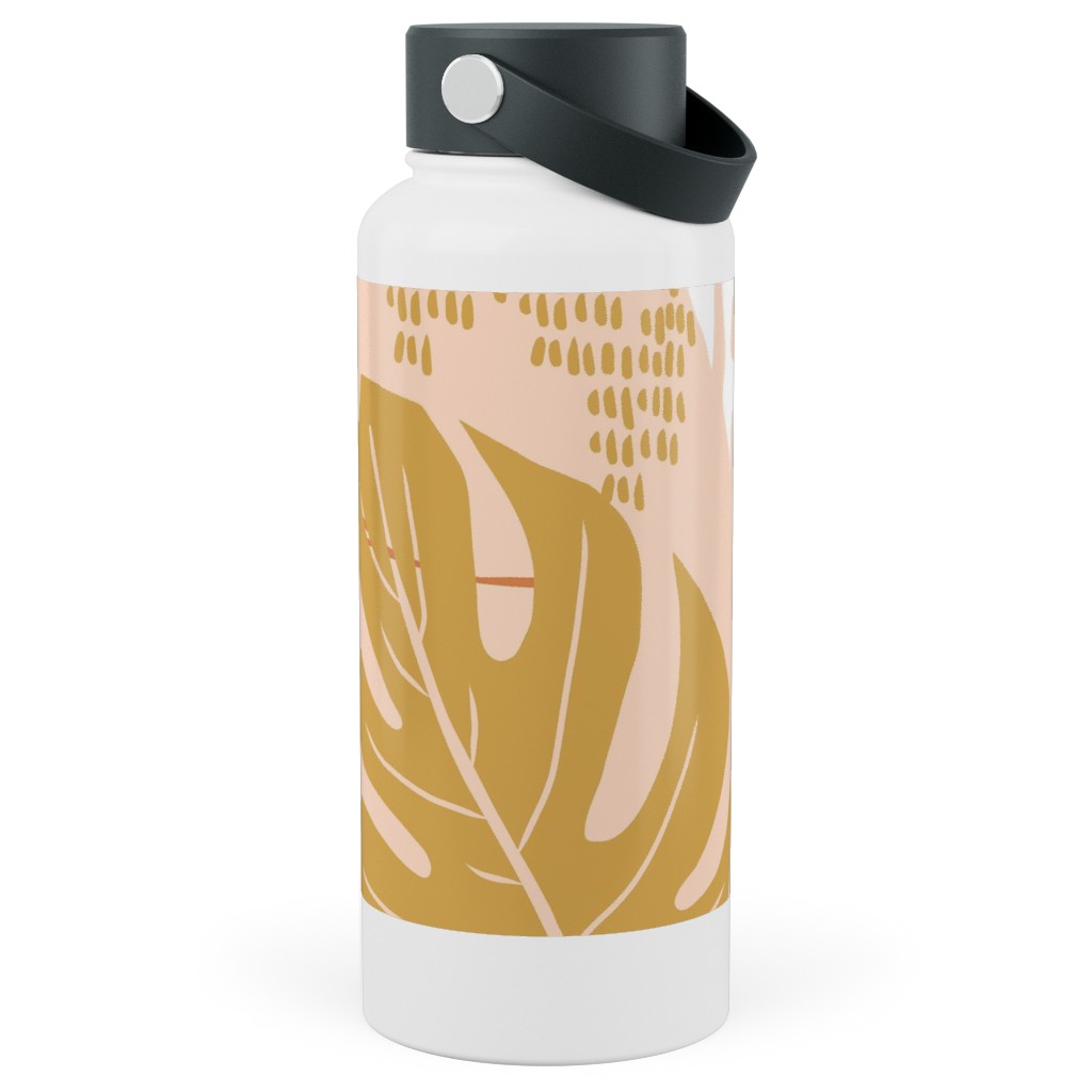 Paradiso - Tropical Palm Fronds - Golden Blush Stainless Steel Wide Mouth Water Bottle, 30oz, Wide Mouth, Pink, Bright Pink