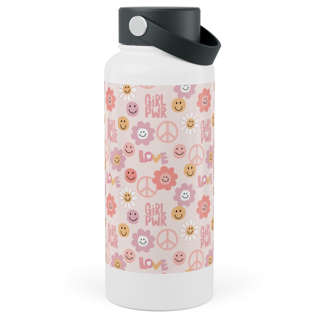 Happy Girl Power - Pink Stainless Steel Wide Mouth Water Bottle, 30oz, Wide Mouth, Pink, Bright Pink