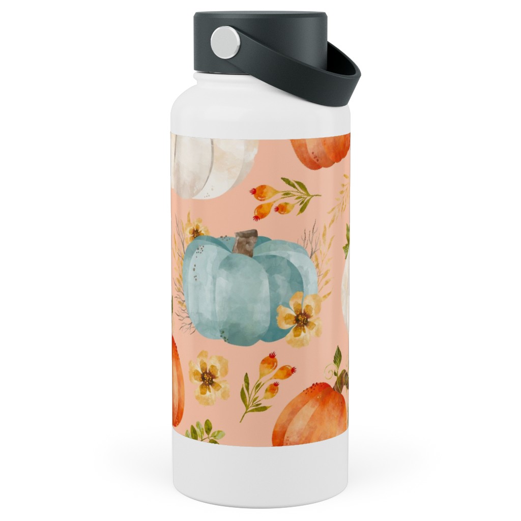 Rustic Farmhouse Pumpkins on Pale Peach Stainless Steel Wide Mouth Water Bottle, 30oz, Wide Mouth, Orange, Orange